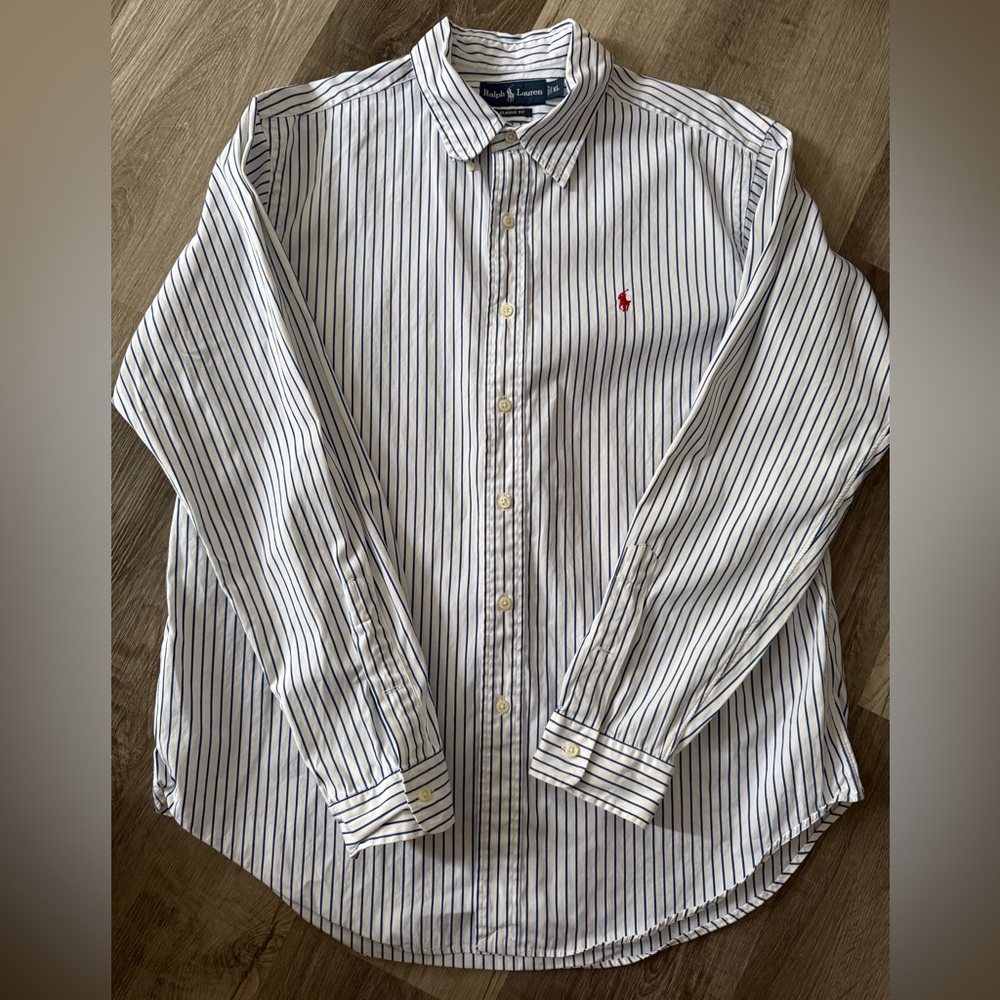 Ralph Lauren White Button-Down Shirt with Blue Pinstripes and Red Pony